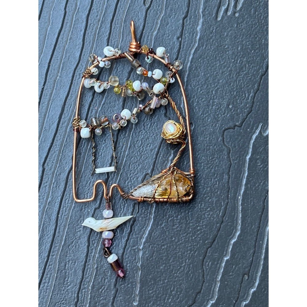 Handmade Copper Wire Wrapped Pendant Mother of Pearl Bird Citrine Crystal Pearl